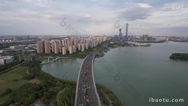 航拍江苏苏州金鸡湖景区金鸡湖大桥